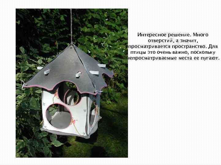 Интересное решение. Много отверстий, а значит, просматривается пространство. Для птицы это очень важно, поскольку