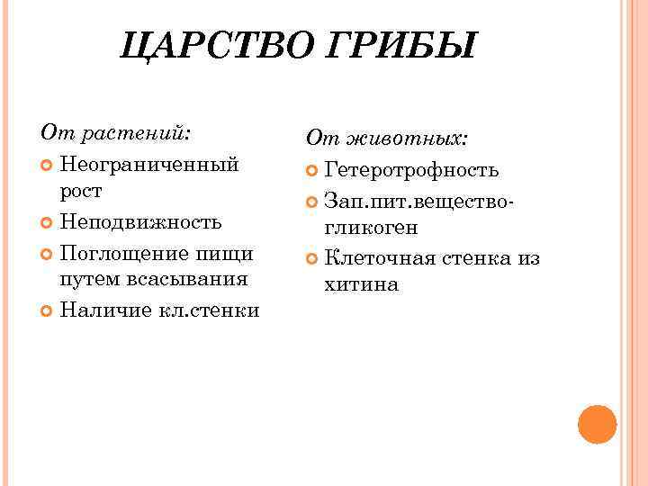 ЦАРСТВО ГРИБЫ От растений: Неограниченный рост Неподвижность Поглощение пищи путем всасывания Наличие кл. стенки