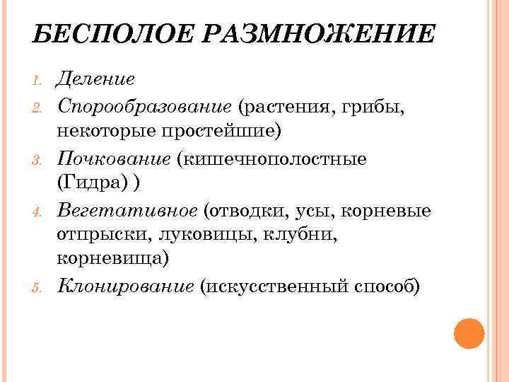 БЕСПОЛОЕ РАЗМНОЖЕНИЕ 1. 2. 3. 4. 5. Деление Спорообразование (растения, грибы, некоторые простейшие) Почкование