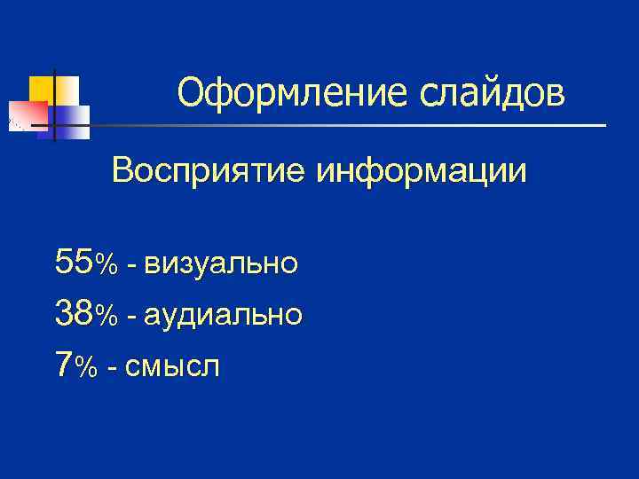 Оформление слайдов Восприятие информации 55% - визуально 38% - аудиально 7% - смысл 