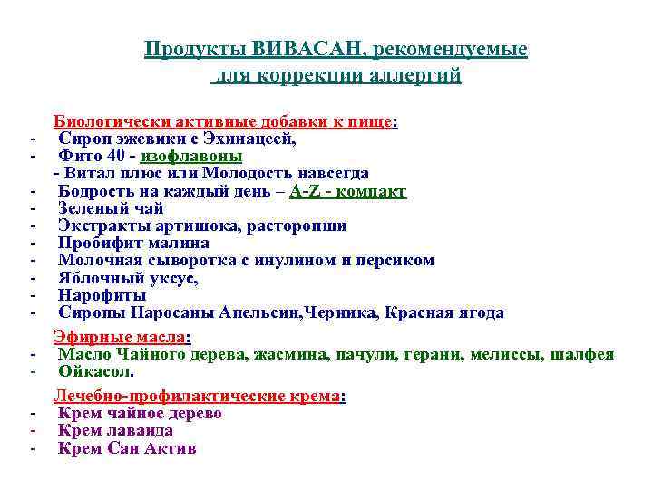 Продукты ВИВАСАН, рекомендуемые для коррекции аллергий - Биологически активные добавки к пище: Сироп эжевики