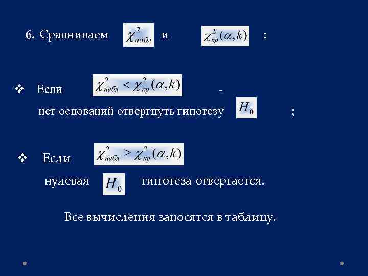 6. Сравниваем и : v Если - нет оснований отвергнуть гипотезу v Если -