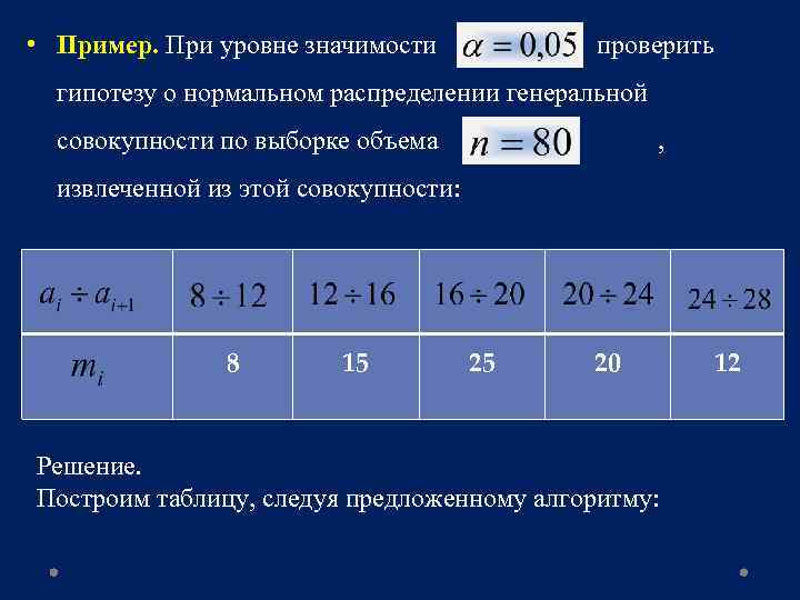  • Пример. При уровне значимости проверить гипотезу о нормальном распределении генеральной совокупности по