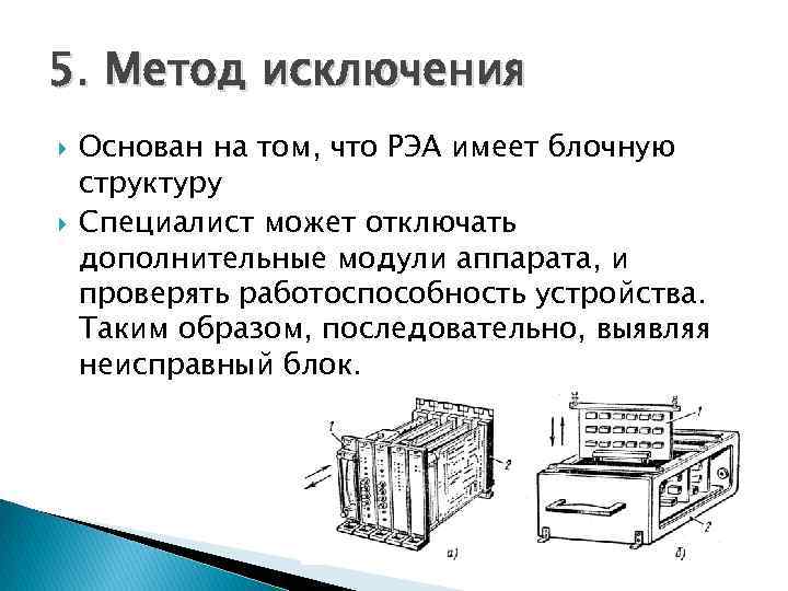 5. Метод исключения Основан на том, что РЭА имеет блочную структуру Специалист может отключать