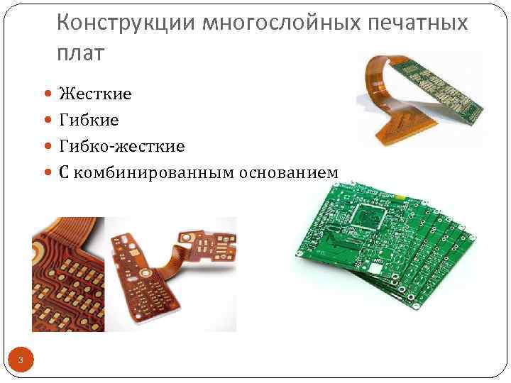 Конструкции многослойных печатных плат Жесткие Гибко-жесткие С комбинированным основанием 3 