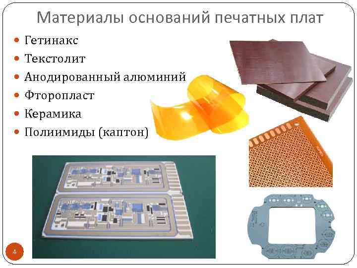 Материалы оснований печатных плат Гетинакс Текстолит Анодированный алюминий Фторопласт Керамика Полиимиды (каптон) 4 