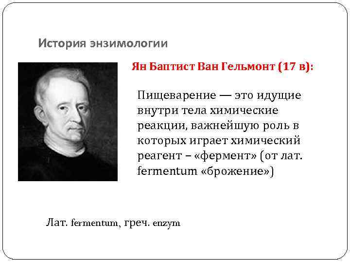 История энзимологии Ян Баптист Ван Гельмонт (17 в): Пищеварение — это идущие внутри тела