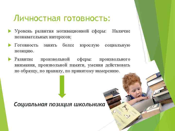 Личностная готовность: Уровень развития мотивационной сферы: познавательных интересов; Готовность позицию. Развитие произвольной сферы: произвольного