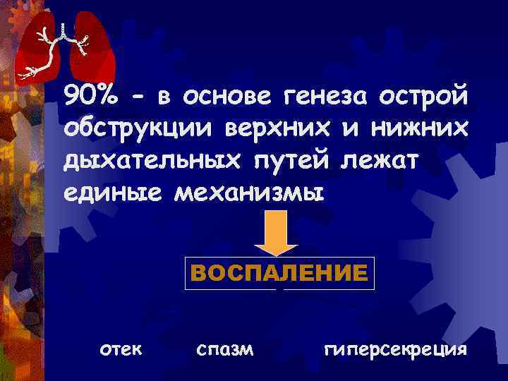 90% - в основе генеза острой обструкции верхних и нижних дыхательных путей лежат единые
