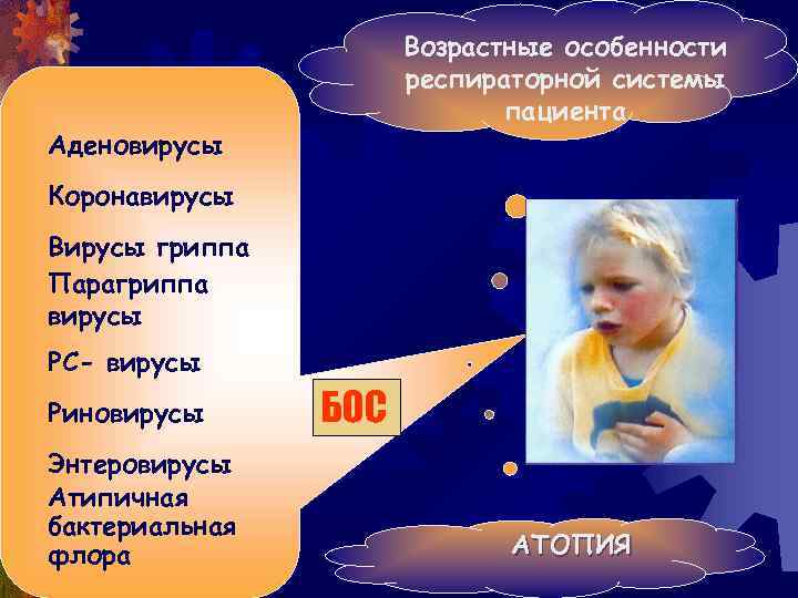 Возрастные особенности респираторной системы пациента Аденовирусы Коронавирусы Вирусы гриппа Парагриппа вирусы РС- вирусы Риновирусы