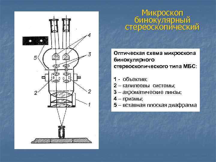 Микроскоп бинокулярный стереоскопический Оптическая схема микроскопа бинокулярного стереоскопического типа МБС: 1 - объектив; 2