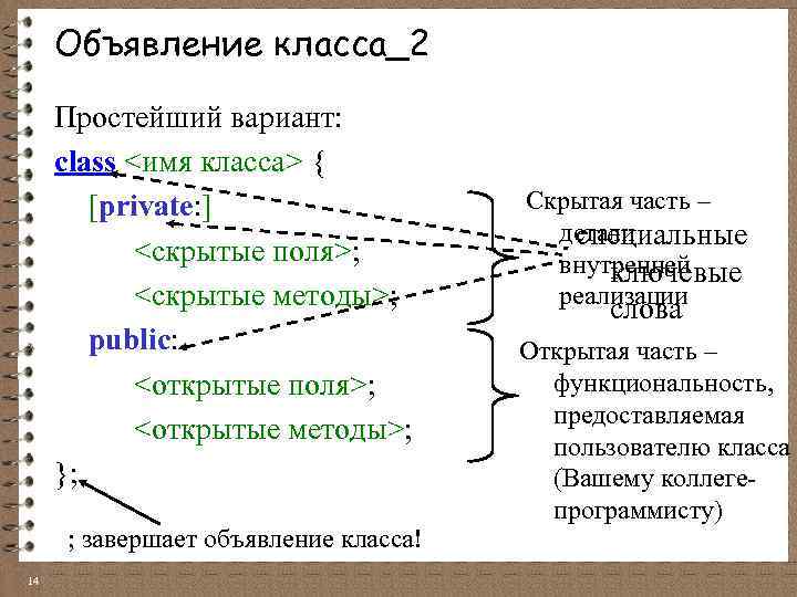 Объявление класса_2 Простейший вариант: class <имя класса> { [private: ] <скрытые поля>; <скрытые методы>;