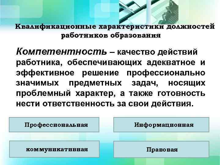 Квалификационные характеристики должностей работников образования Компетентность – качество действий работника, обеспечивающих адекватное и эффективное