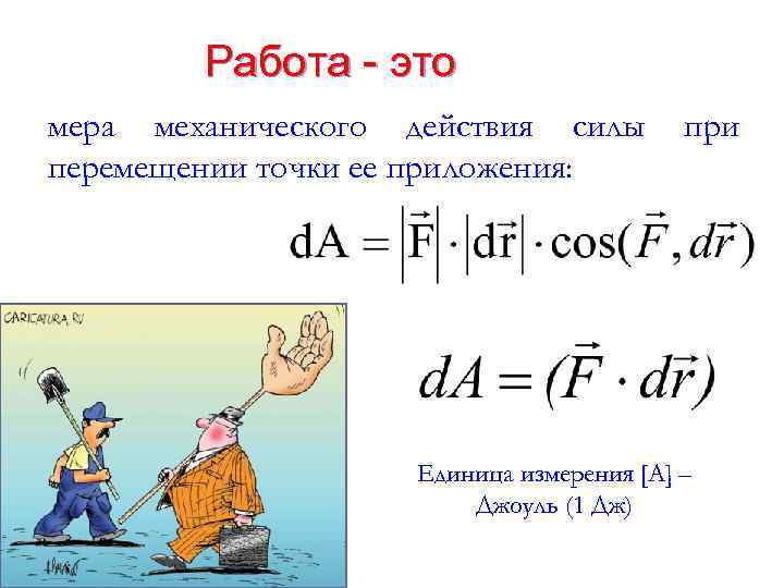 Работа - это мера механического действия силы перемещении точки ее приложения: при Единица измерения