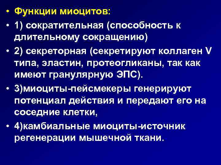  • Функции миоцитов: • 1) сократительная (способность к длительному сокращению) • 2) секреторная