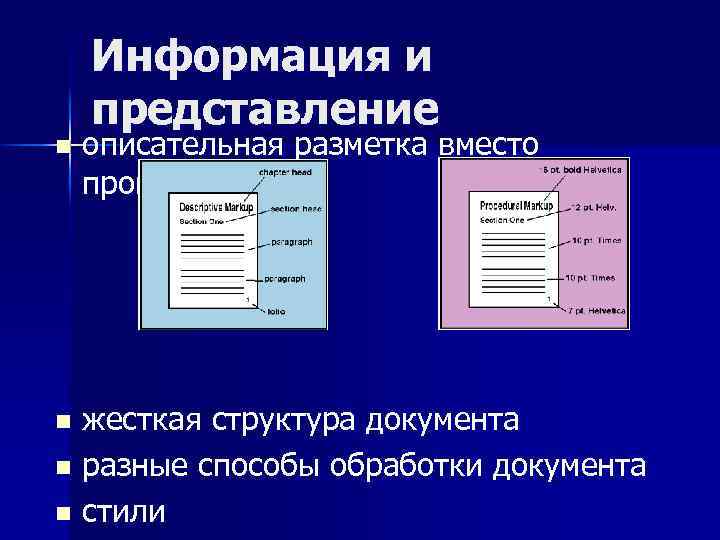 n Информация и представление описательная разметка вместо процедурной жесткая структура документа n разные способы