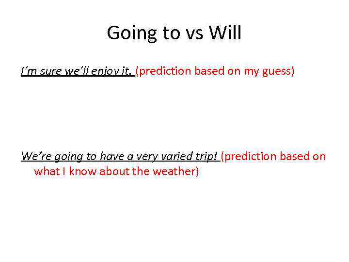 Going to vs Will I’m sure we’ll enjoy it. (prediction based on my guess)