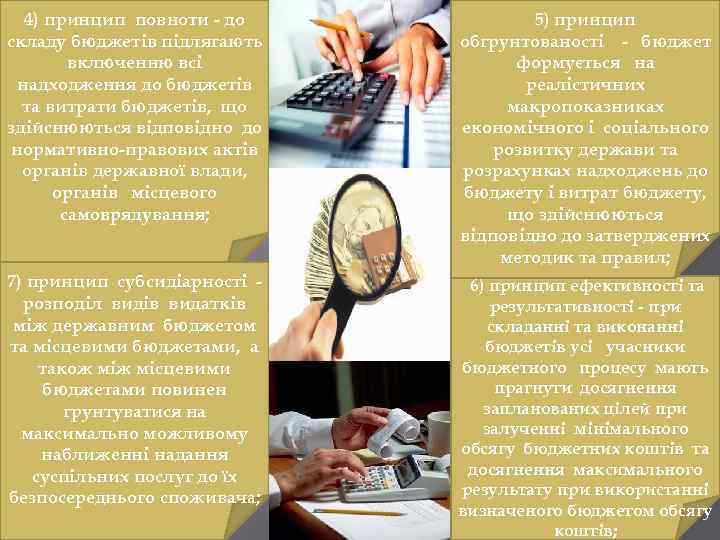 4) принцип повноти - до складу бюджетів підлягають включенню всі надходження до бюджетів та