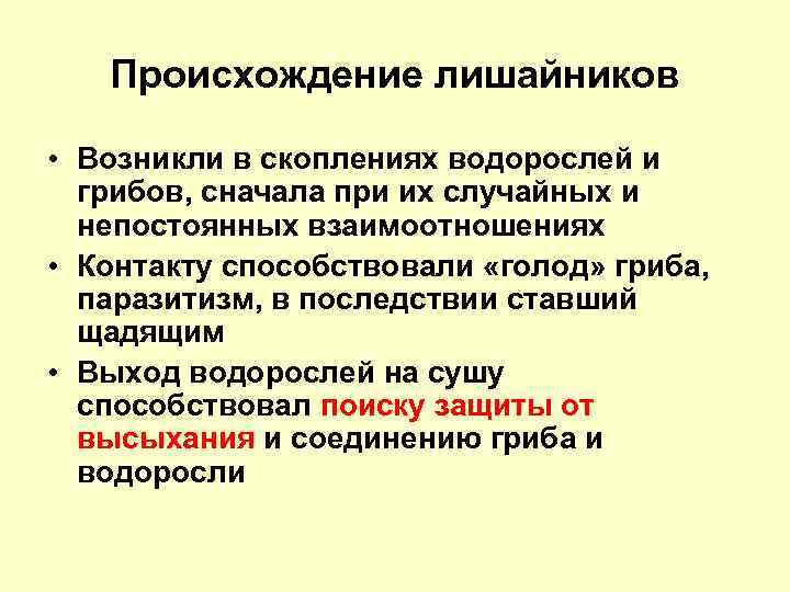 Происхождение лишайников • Возникли в скоплениях водорослей и грибов, сначала при их случайных и