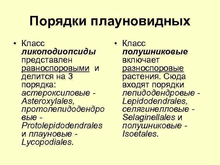 Порядки плауновидных • Класс ликоподиопсиды представлен равноспоровыми и делится на 3 порядка: астероксиловые Asteroxylales,