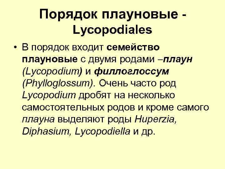 Порядок плауновые Lycopodiales • В порядок входит семейство плауновые с двумя родами плаун (Lycopodium)