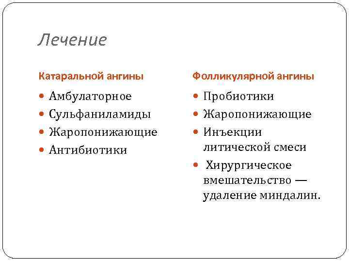 Лечение Катаральной ангины Фолликулярной ангины Амбулаторное Пробиотики Сульфаниламиды Жаропонижающие Инъекции Антибиотики литической смеси Хирургическое