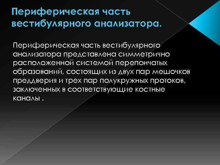 Периферическая часть вестибулярного анализатора представлена симметрично расположенной системой перепончатых образований, состоящих из двух пар