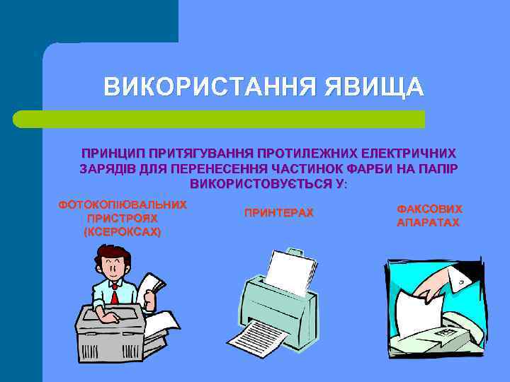 ВИКОРИСТАННЯ ЯВИЩА ПРИНЦИП ПРИТЯГУВАННЯ ПРОТИЛЕЖНИХ ЕЛЕКТРИЧНИХ ЗАРЯДІВ ДЛЯ ПЕРЕНЕСЕННЯ ЧАСТИНОК ФАРБИ НА ПАПІР ВИКОРИСТОВУЄТЬСЯ