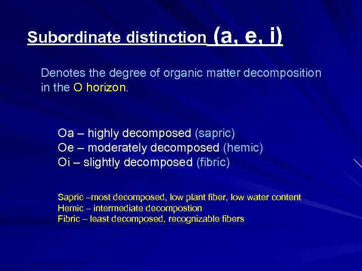 Subordinate distinction (a, e, i) Denotes the degree of organic matter decomposition in the