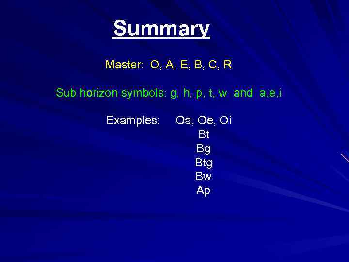 Summary Master: O, A, E, B, C, R Sub horizon symbols: g, h, p,