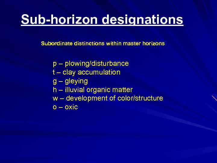 Sub-horizon designations Subordinate distinctions within master horizons p – plowing/disturbance t – clay accumulation