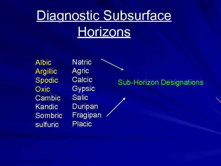 Diagnostic Subsurface Horizons Albic Argillic Spodic Oxic Cambic Kandic Sombric sulfuric Natric Agric Calcic