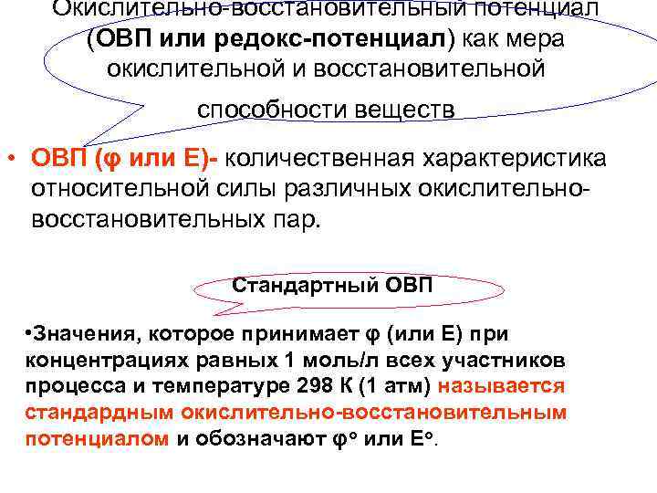 Окислительно-восстановительный потенциал (ОВП или редокс-потенциал) как мера окислительной и восстановительной способности веществ • ОВП