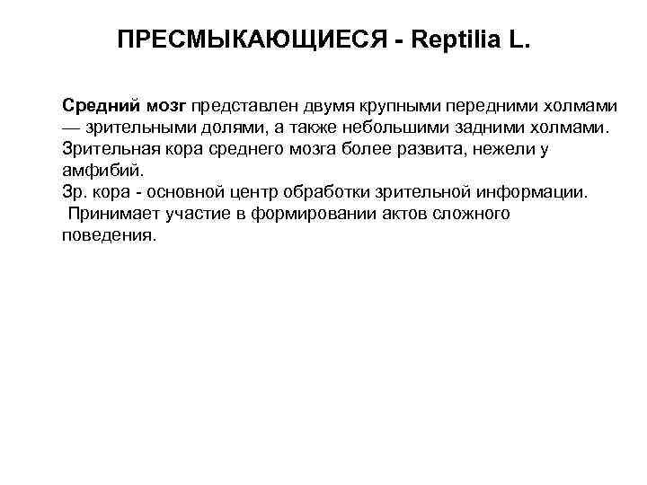 ПРЕСМЫКАЮЩИЕСЯ - Reptilia L. Средний мозг представлен двумя крупными передними холмами — зрительными долями,