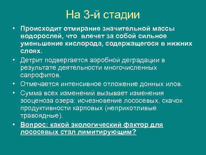 На 3 -й стадии • Происходит отмирание значительной массы водорослей, что влечет за собой