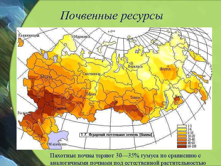 Почвенные ресурсы Пахотные почвы теряют 30— 35% гумуса по сравнению с аналогичными почвами под