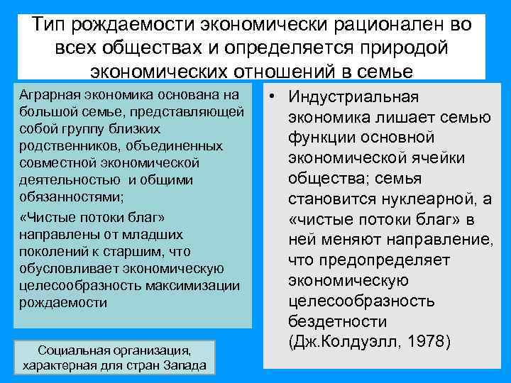 Тип рождаемости экономически рационален во всех обществах и определяется природой экономических отношений в семье