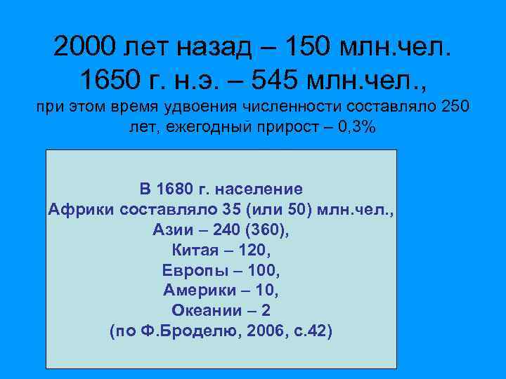 2000 лет назад – 150 млн. чел. 1650 г. н. э. – 545 млн.