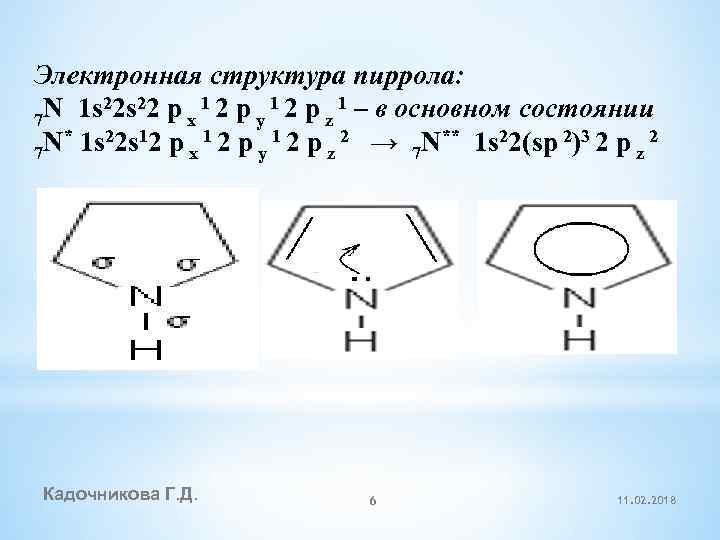 Электронная структура пиррола: N 1 s 22 p x 1 2 p y 1