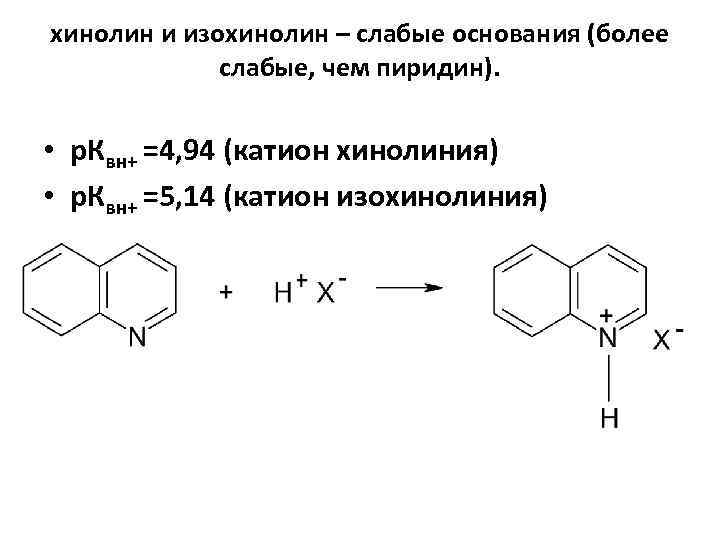 хинолин и изохинолин – слабые основания (более слабые, чем пиридин). • р. Квн+ =4,