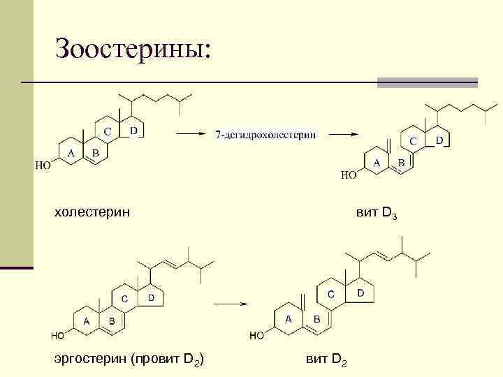 Зоостерины: холестерин эргостерин (провит D 2) вит D 3 вит D 2 