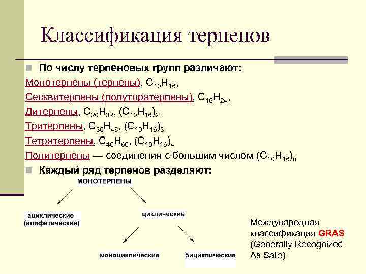 Классификация терпенов n По числу терпеновых групп различают: Монотерпены (терпены), C 10 H 16,