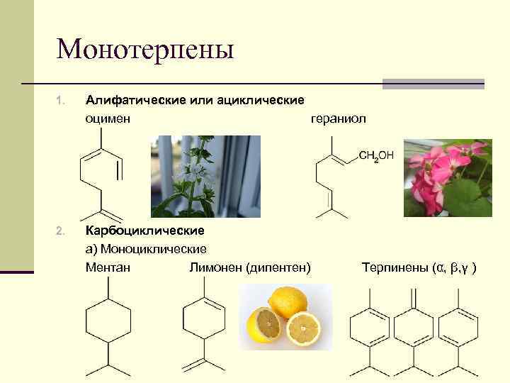 Монотерпены 1. Алифатические или ациклические оцимен гераниол 2. Карбоциклические а) Моноциклические Ментан Лимонен (дипентен)