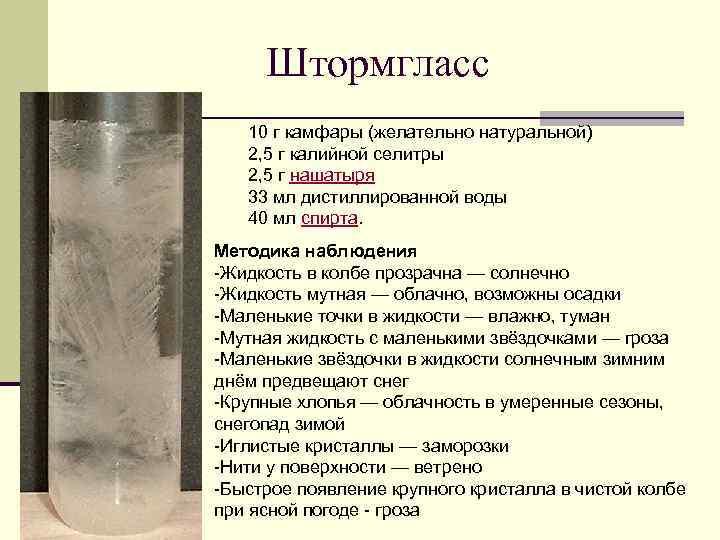 Штормгласс 10 г камфары (желательно натуральной) 2, 5 г калийной селитры 2, 5 г