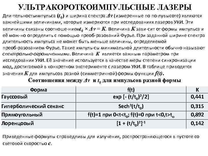 УЛЬТРАКОРОТКОИМПУЛЬСНЫЕ ЛАЗЕРЫ Дли тельностьимпульса (t 0) и ширина спектра Δv (измеренные по по лувысоте)