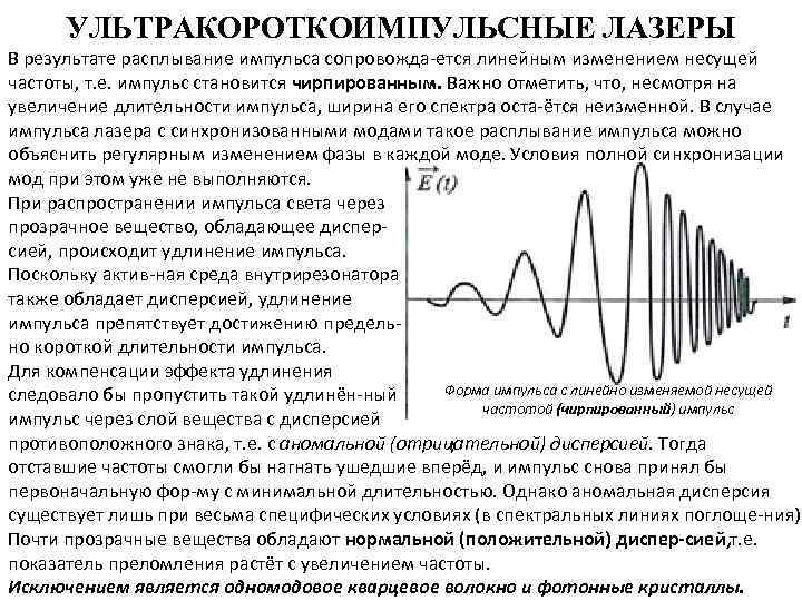 УЛЬТРАКОРОТКОИМПУЛЬСНЫЕ ЛАЗЕРЫ В результате расплывание импульса сопровожда ется линейным изменением несущей частоты, т. е.