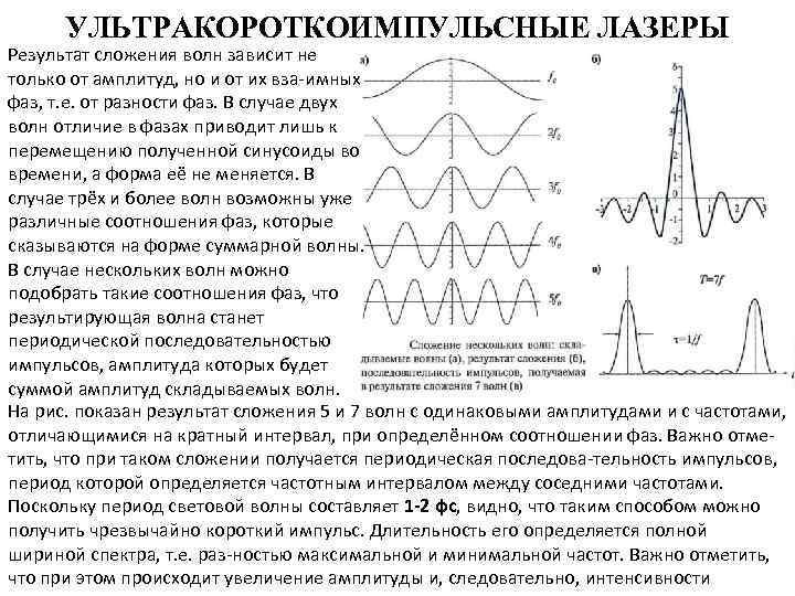УЛЬТРАКОРОТКОИМПУЛЬСНЫЕ ЛАЗЕРЫ Результат сложения волн зависит не только от амплитуд, но и от их