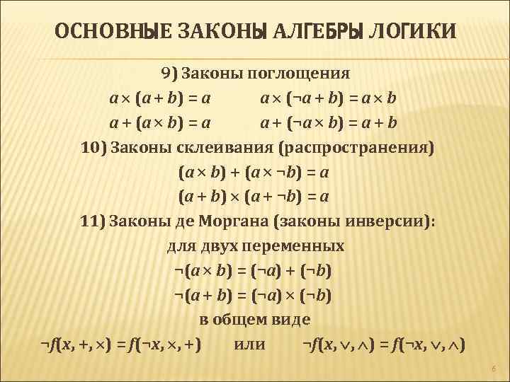 Законы алгебры логики презентация