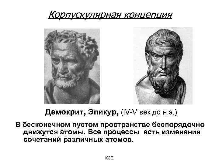 Корпускулярная концепция Демокрит, Эпикур, (IV-V век до н. э. ) В бесконечном пустом пространстве