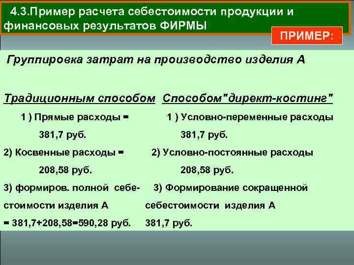 4. 3. Пример расчета себестоимости продукции и финансовых результатов ФИРМЫ ПРИМЕР: Группировка затрат на